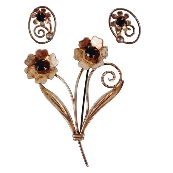 VTG Signed Jaykel Sterling Silver Floral Brooch & Earrings Set, 1940s 1950s MCM - Picture 1 of 16